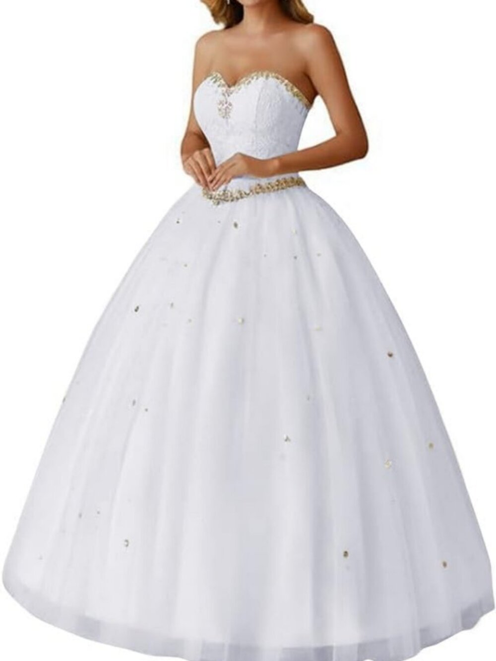 Strapless Ball Gown Wedding Prom Dress with Colorful Rhinestones & Lace Bodice